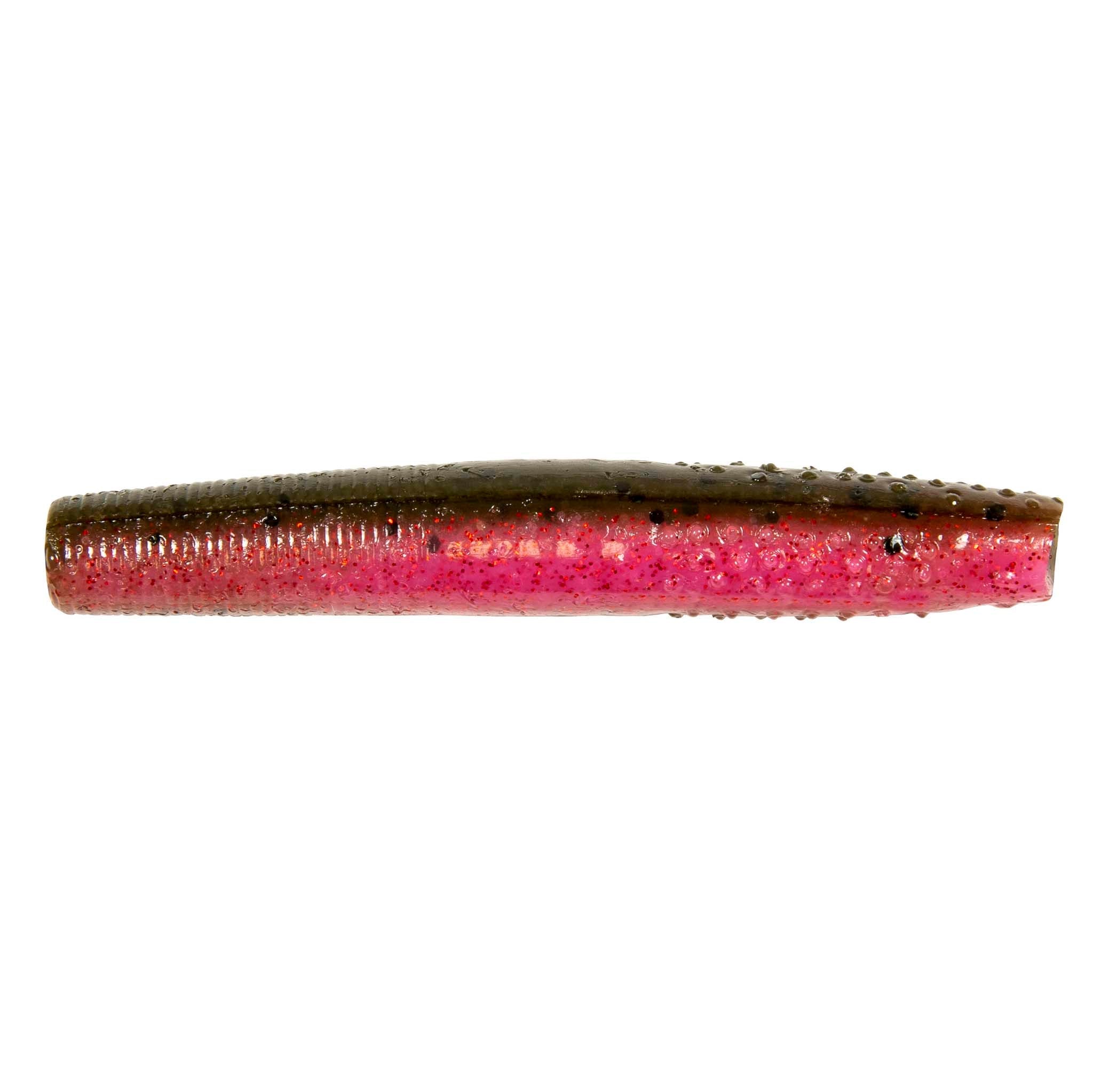 Finesse TRD soft plastic fishing lure, dark top with bright pink-red speckled body
