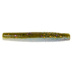 Olive green soft plastic fishing bait with gold and purple glitter flecks