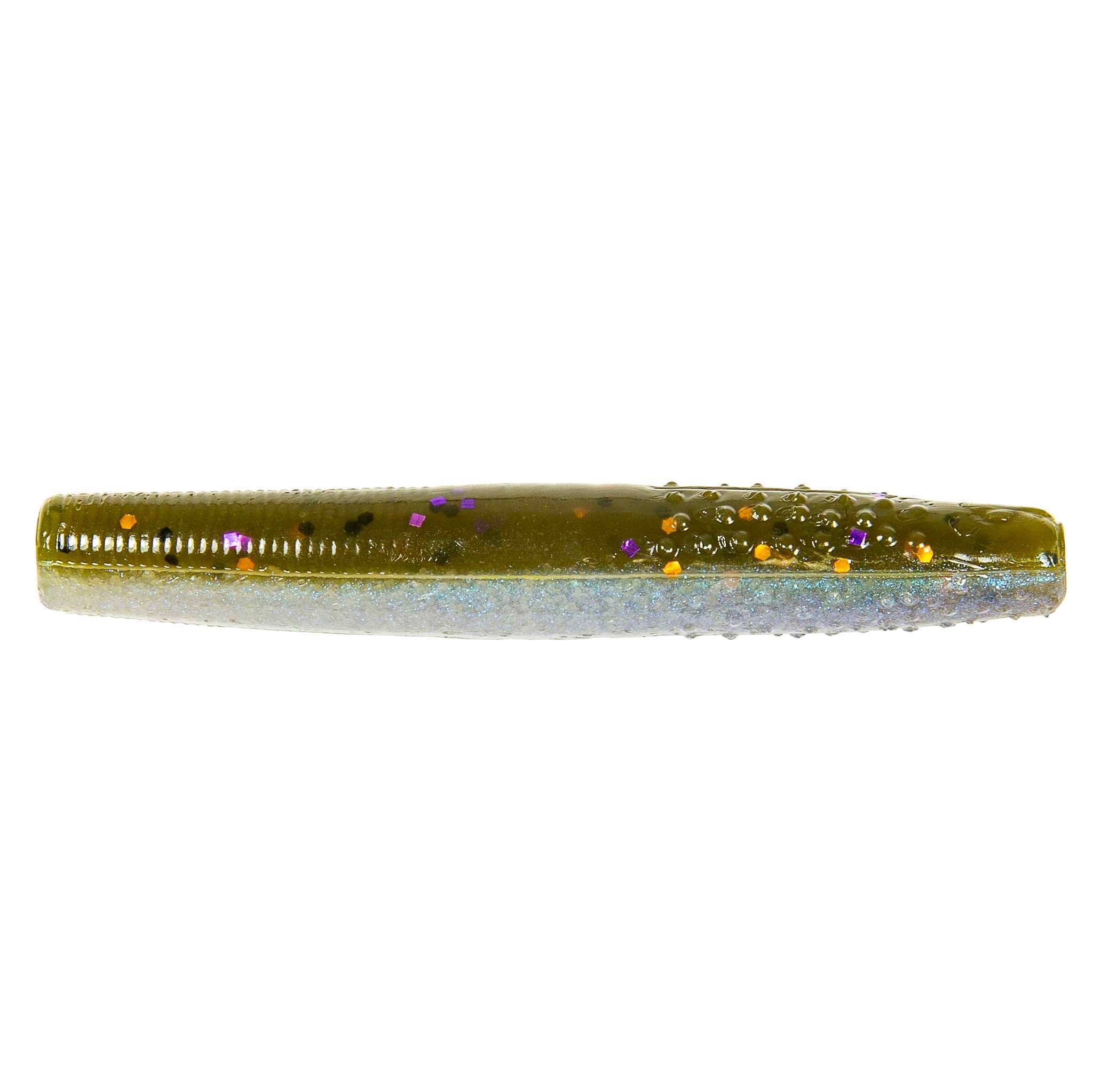 Olive green soft plastic fishing bait with gold and purple glitter flecks