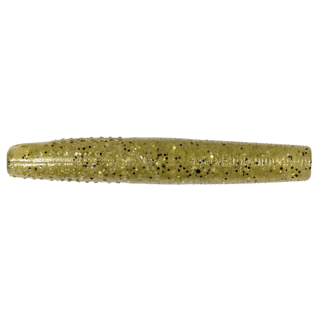 Olive green soft plastic fishing bait with dark speckle and subtle glitter
