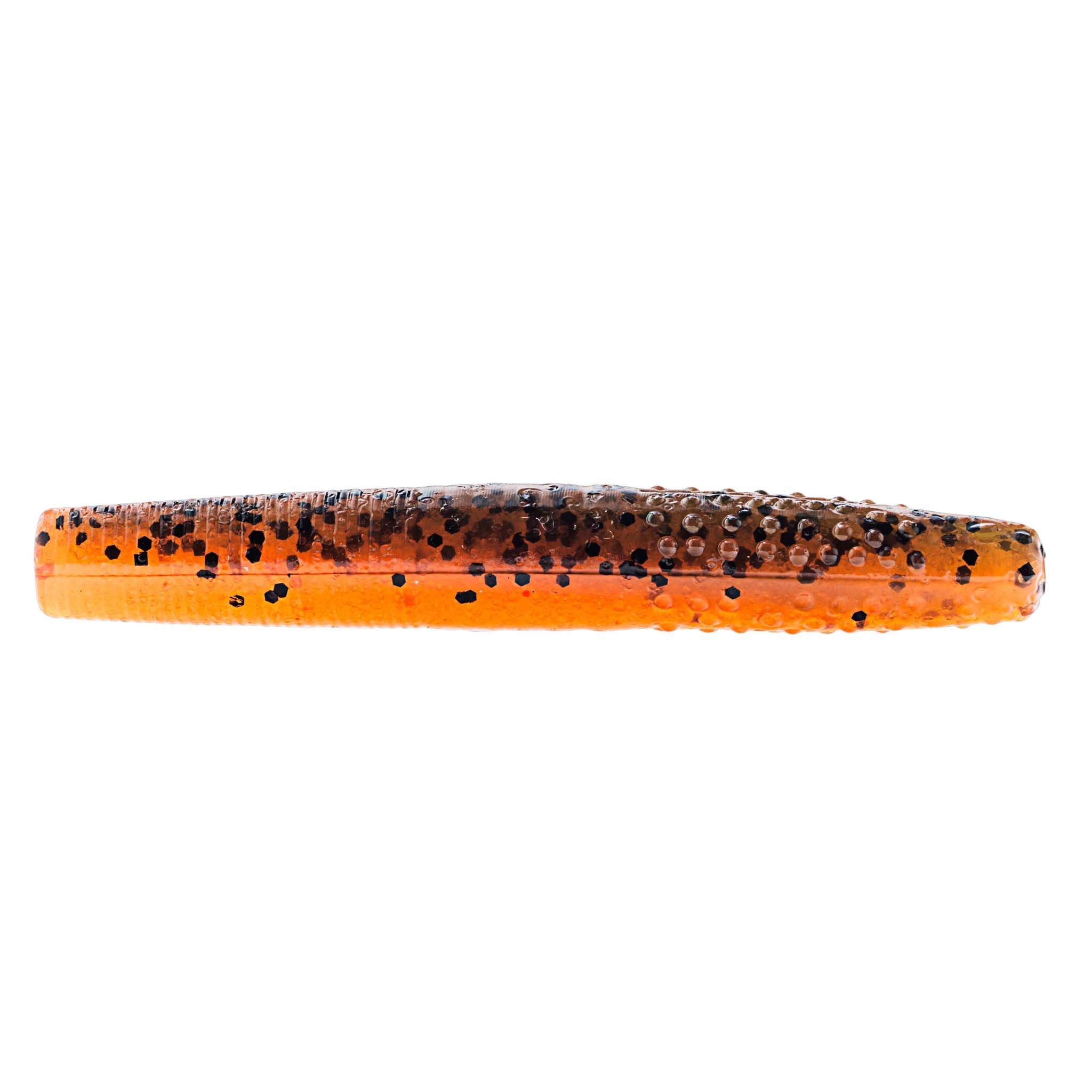 Fishing lure TRD-style, orange body with dark speckles and shiny glitter
