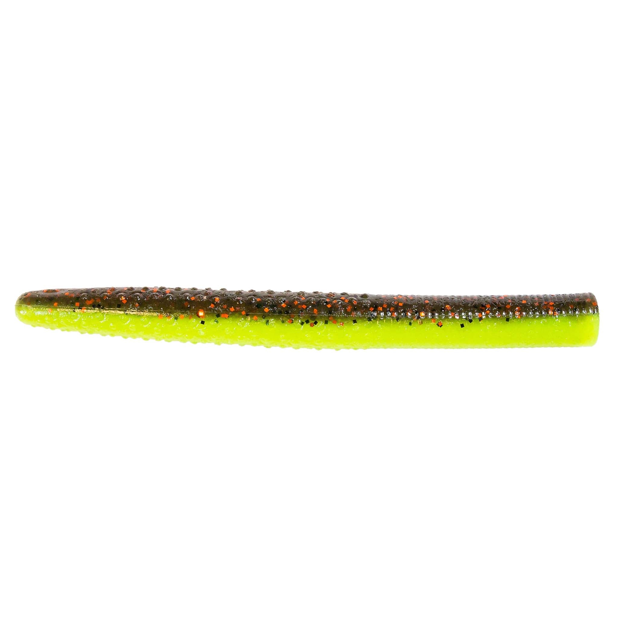 Neon green top with dark speckles soft plastic fishing lure, straight worm profile
