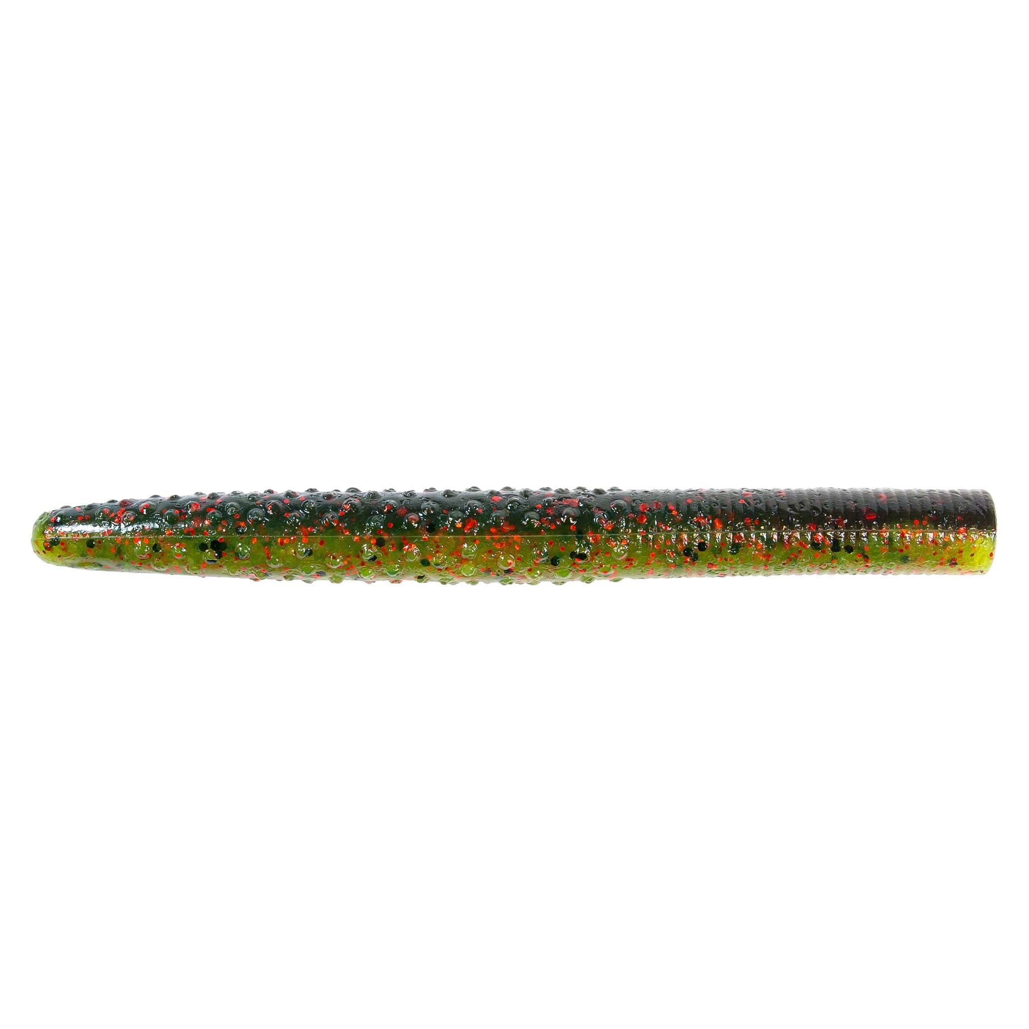 Red speckled soft plastic fishing lure with green undertone, straight worm profile