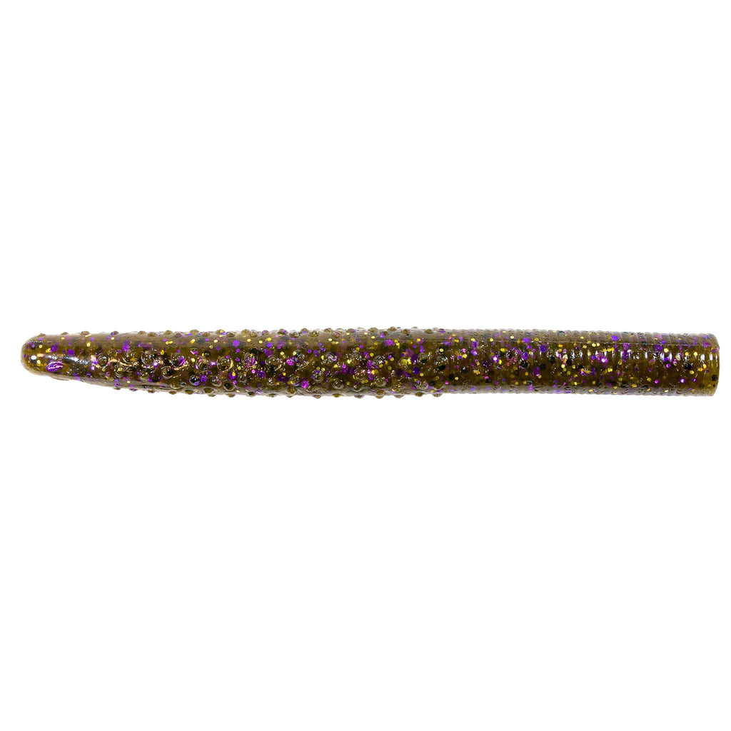 Purple-speckled soft plastic fishing lure with multicolor flecks, straight worm profile