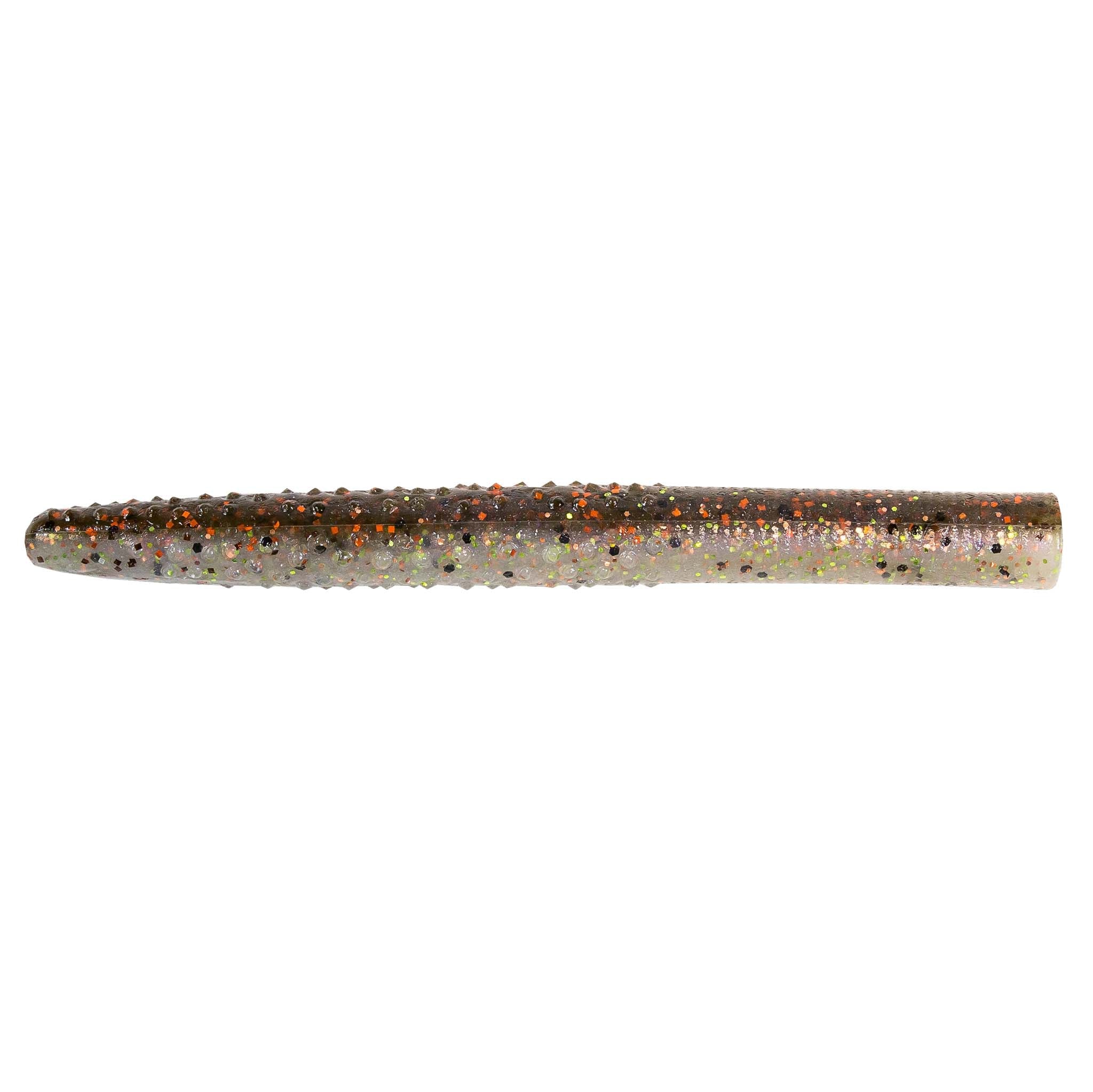 Green speckled soft plastic fishing lure, straight worm profile