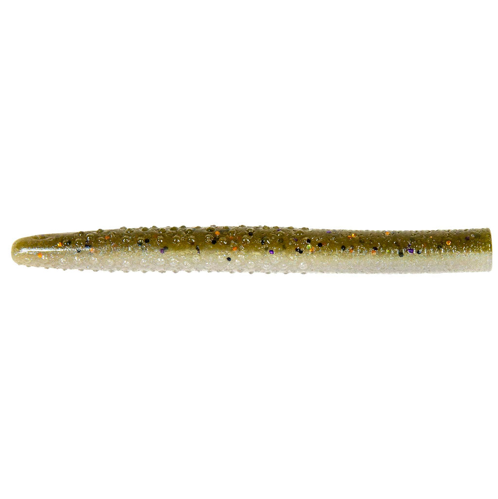Soft plastic fishing lure, clear green with dark speckles