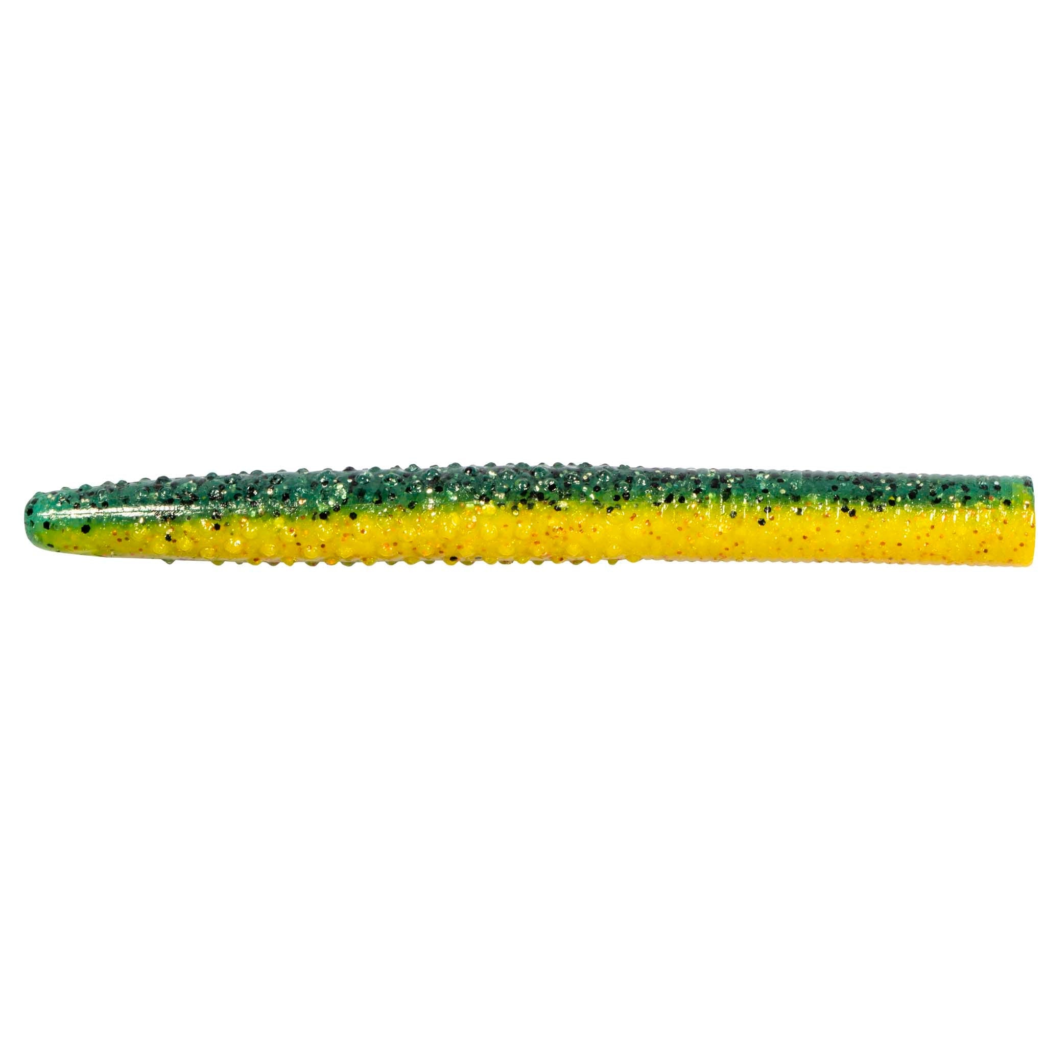 Soft plastic stick bait lure, green top with yellow belly speckled