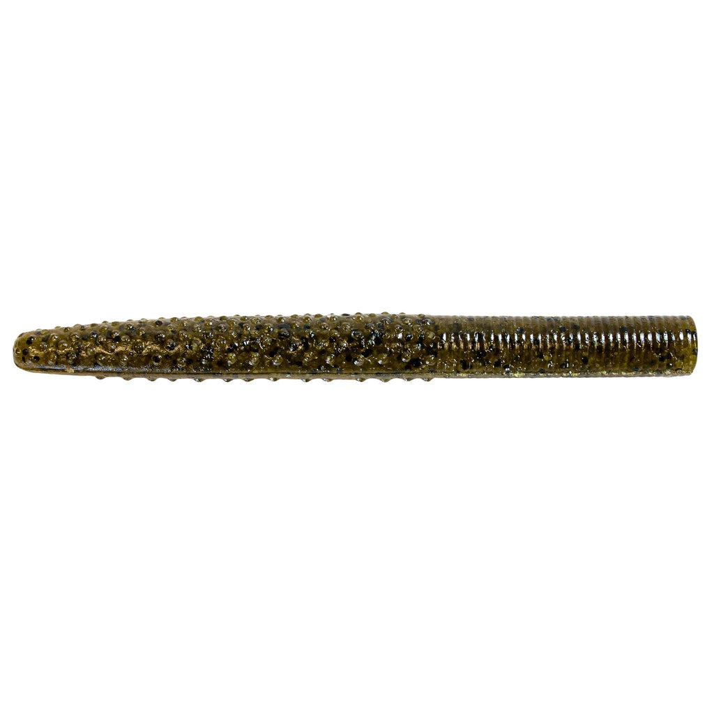 Olive-green speckled soft plastic fishing lure, straight worm profile