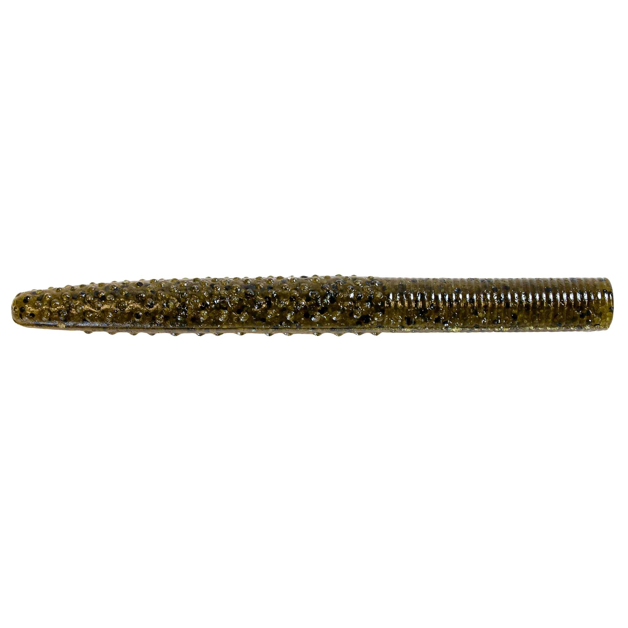 Olive-green speckled soft plastic fishing lure, straight worm profile