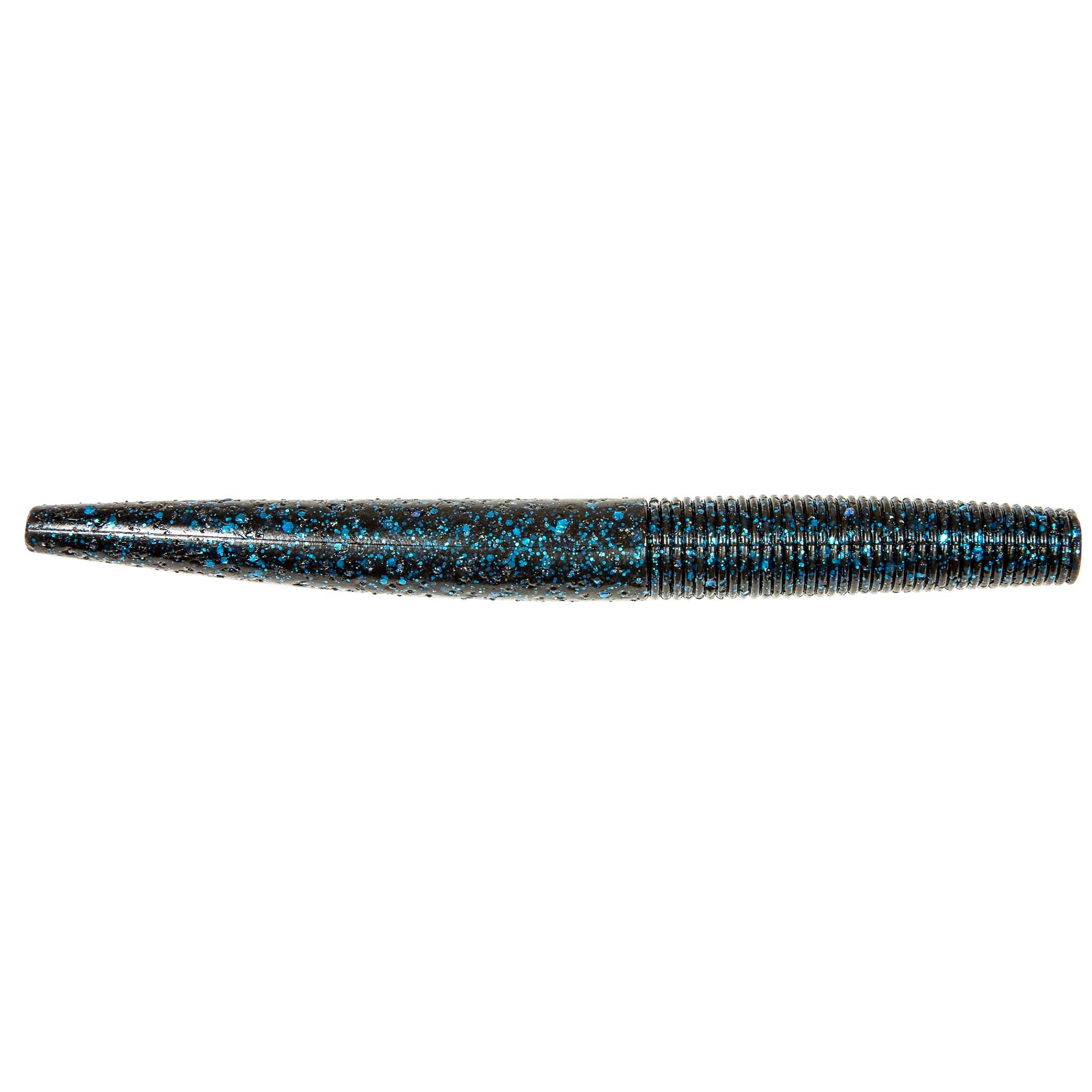 Soft fishing lure worm, blue with dark speckles and ribbed tapered tail