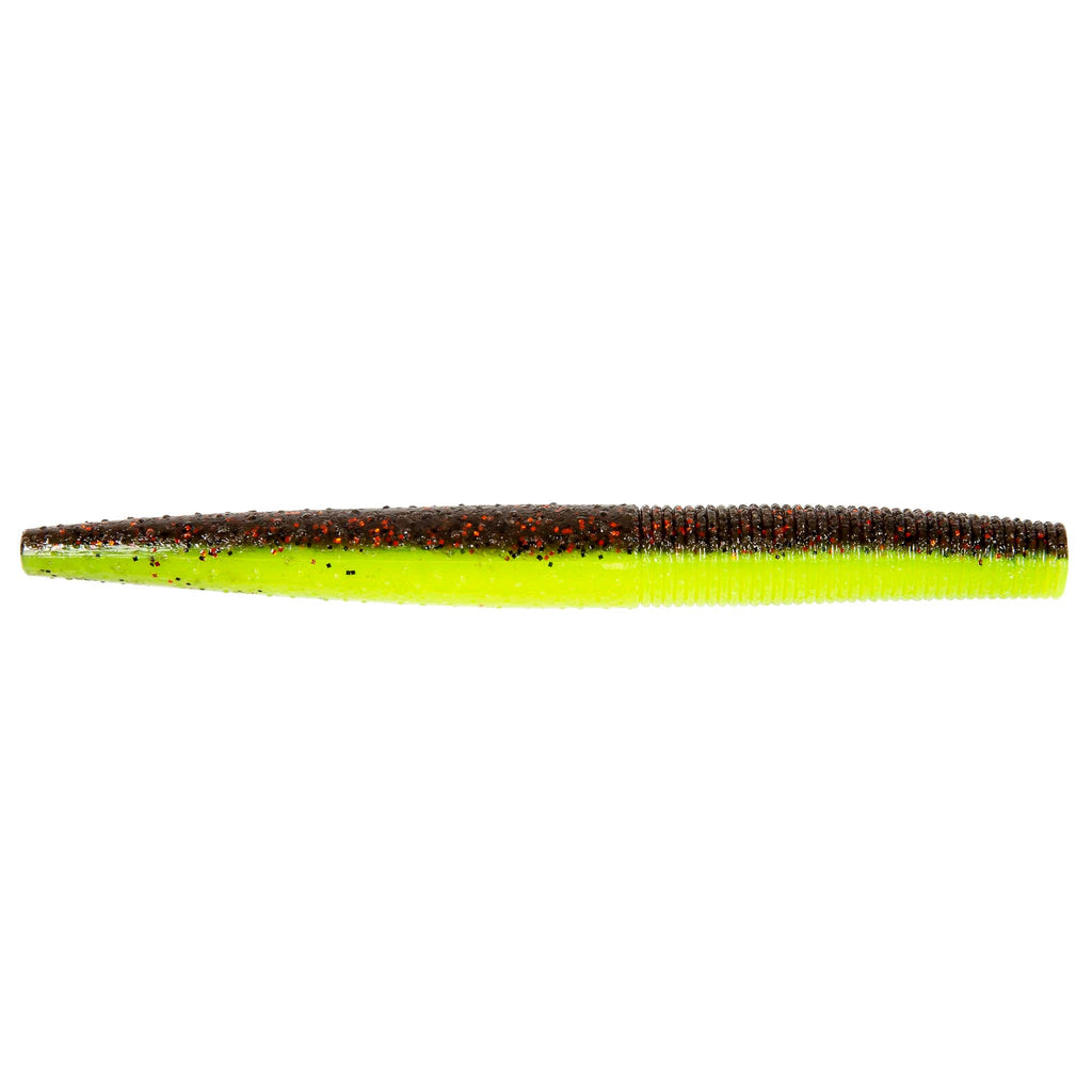 Soft fishing lure worm, bright chartreuse with dark speckles and ribbed body