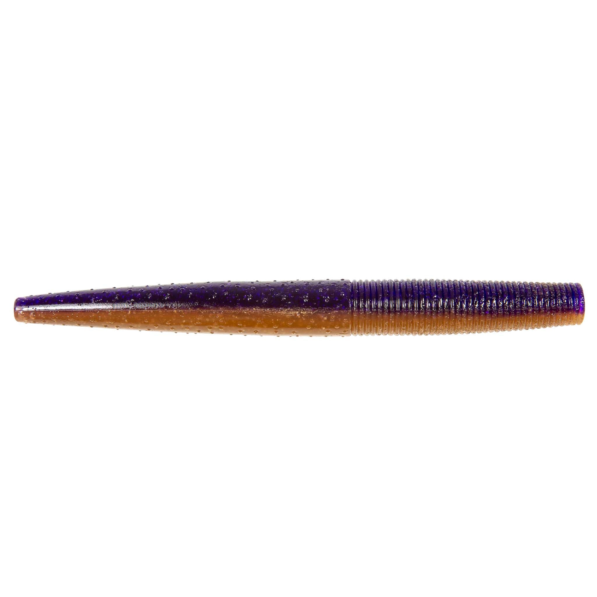 Soft fishing lure worm, purple with dark speckles and ribbed tapered body