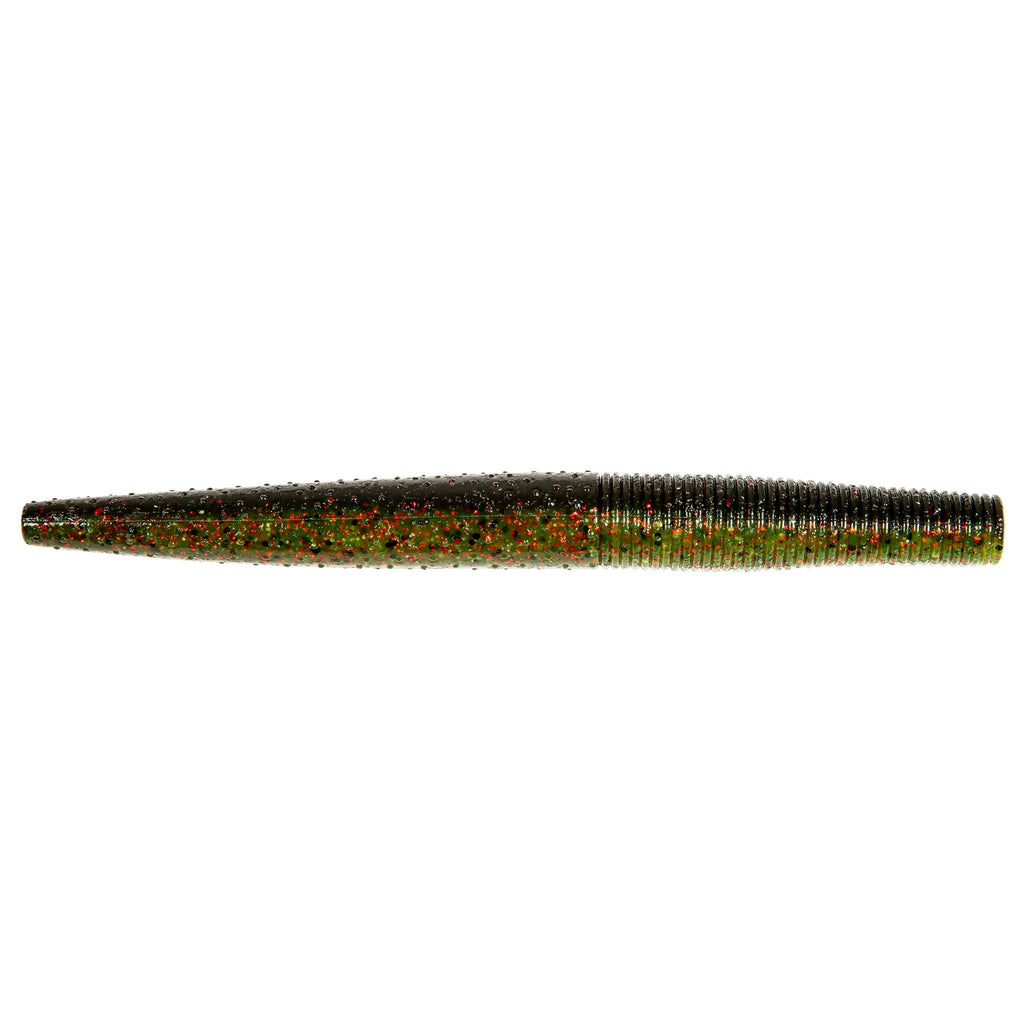 Soft fishing lure worm, dark green with red and gold speckles, ribbed body