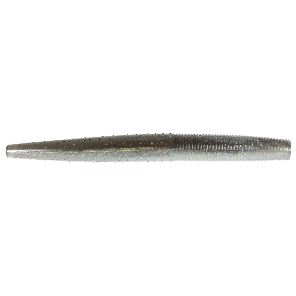 Soft fishing lure worm, silver-gray with dark speckles and ribbed tail