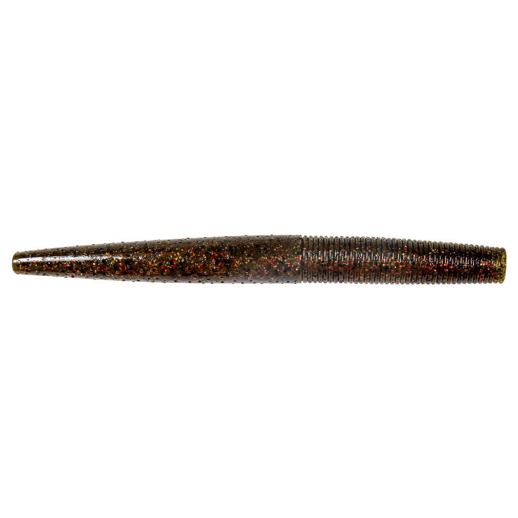 Soft fishing lure worm, dark brown with orange-red speckles and ribbed body