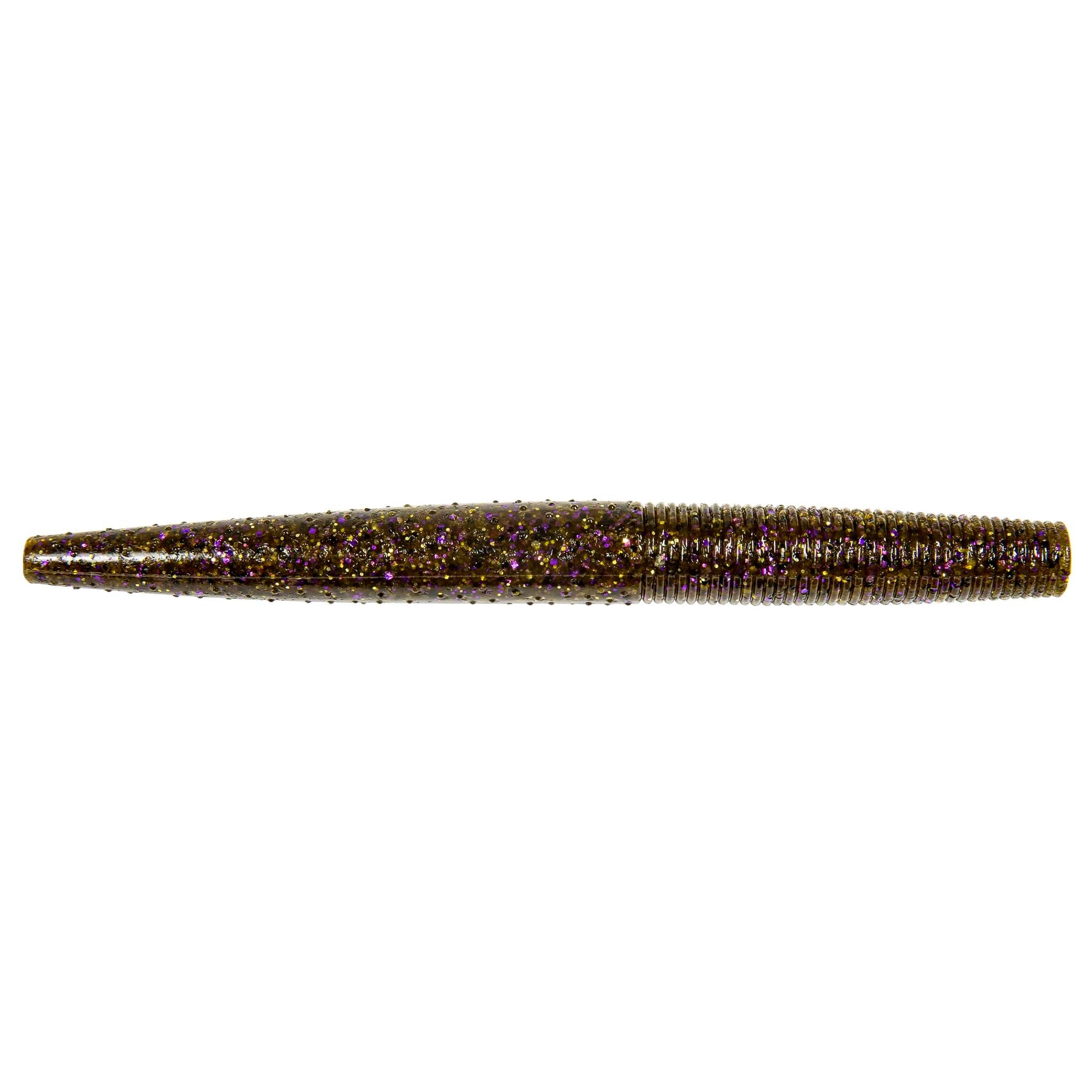 Soft fishing lure worm, olive-brown with multicolor speckles and ribbed body