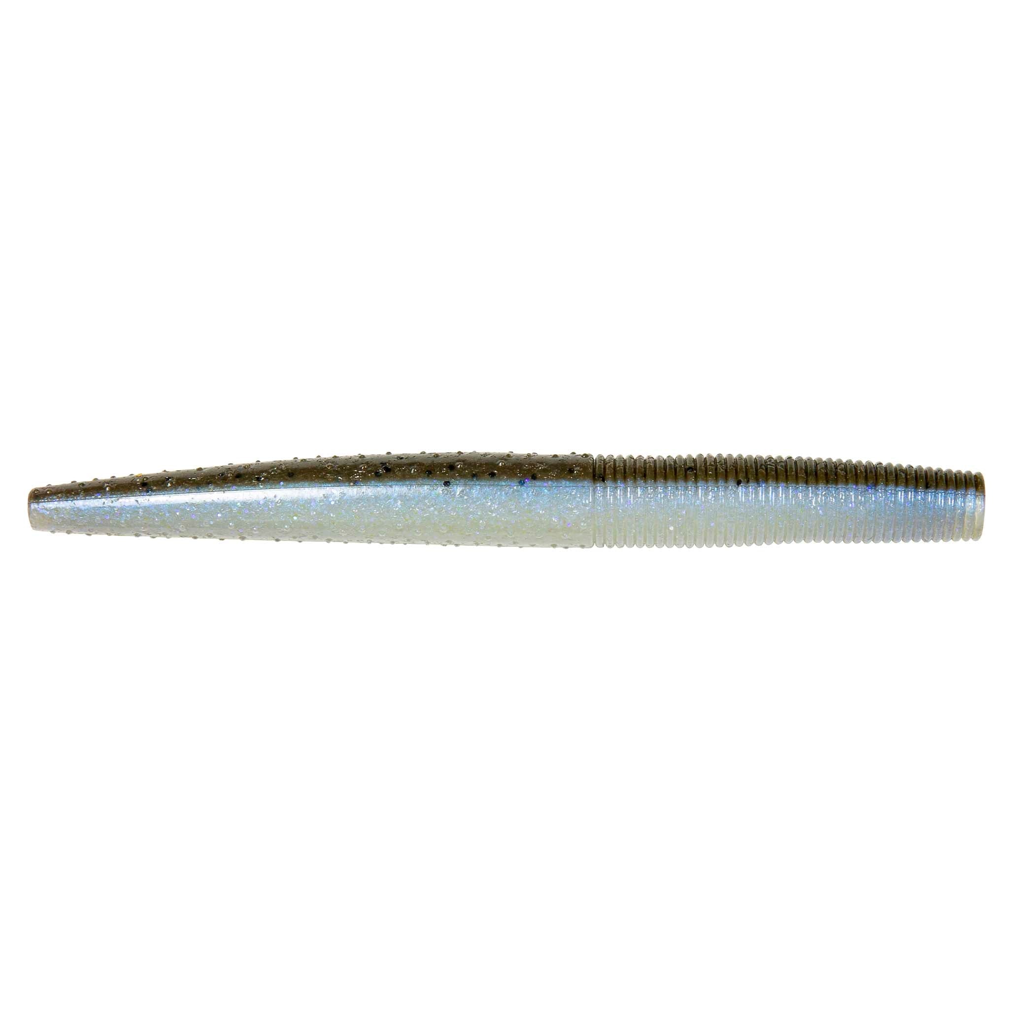 Soft fishing lure worm, pale blue with dark speckles and ribbed tapered body
