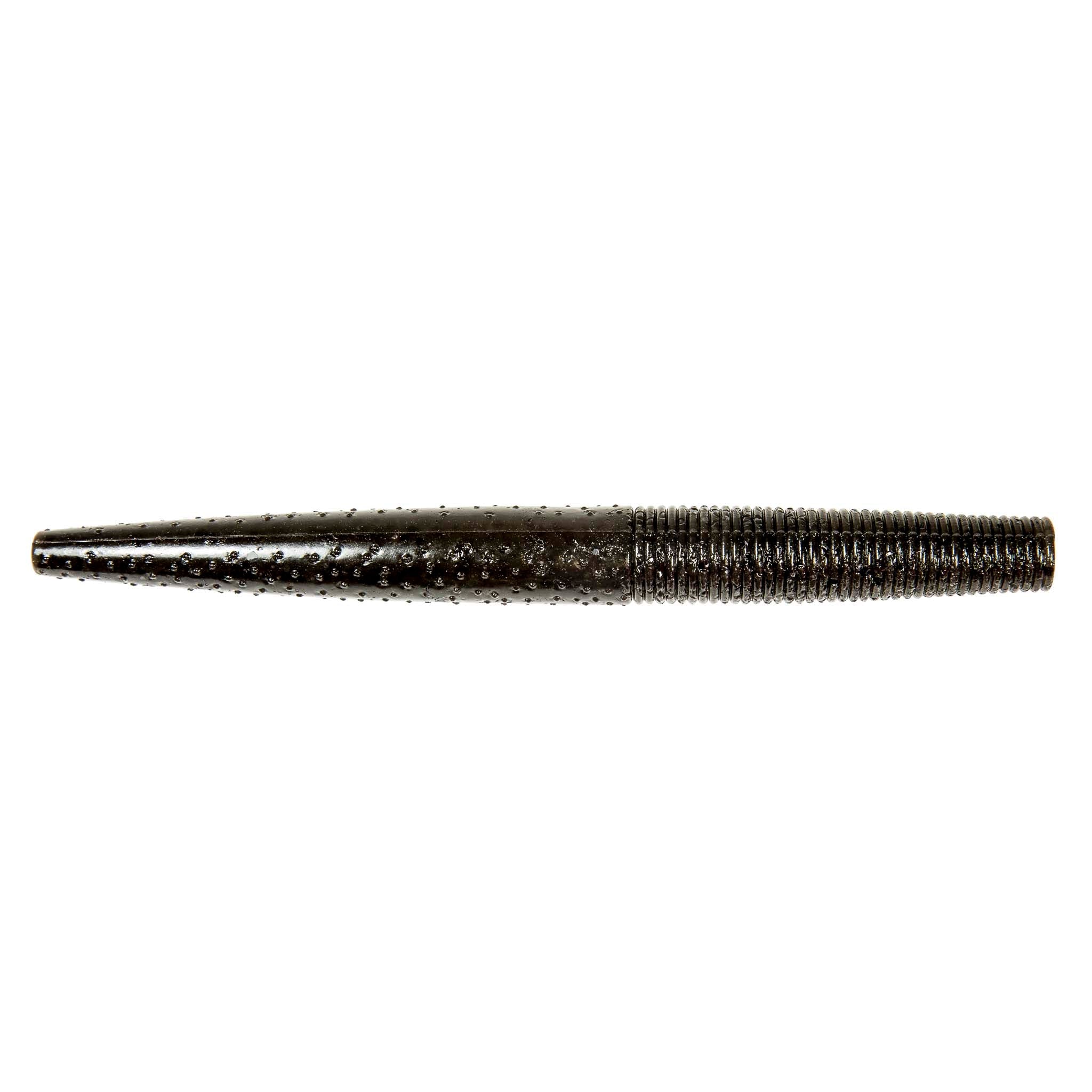 Soft fishing lure worm, black with subtle gray speckles and ribbed body