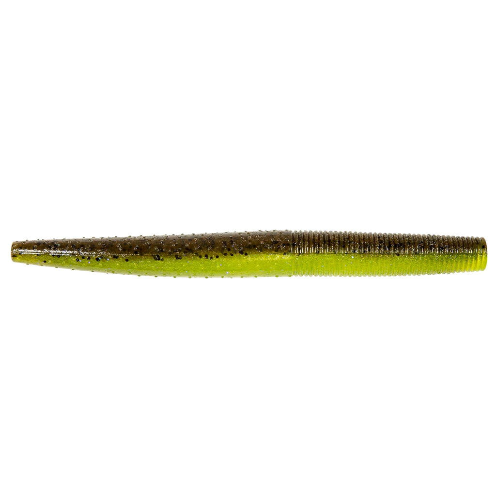 Soft fishing lure worm, olive green with darker speckles and ribbed body