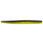 Soft fishing lure worm, olive green with darker speckles and ribbed body