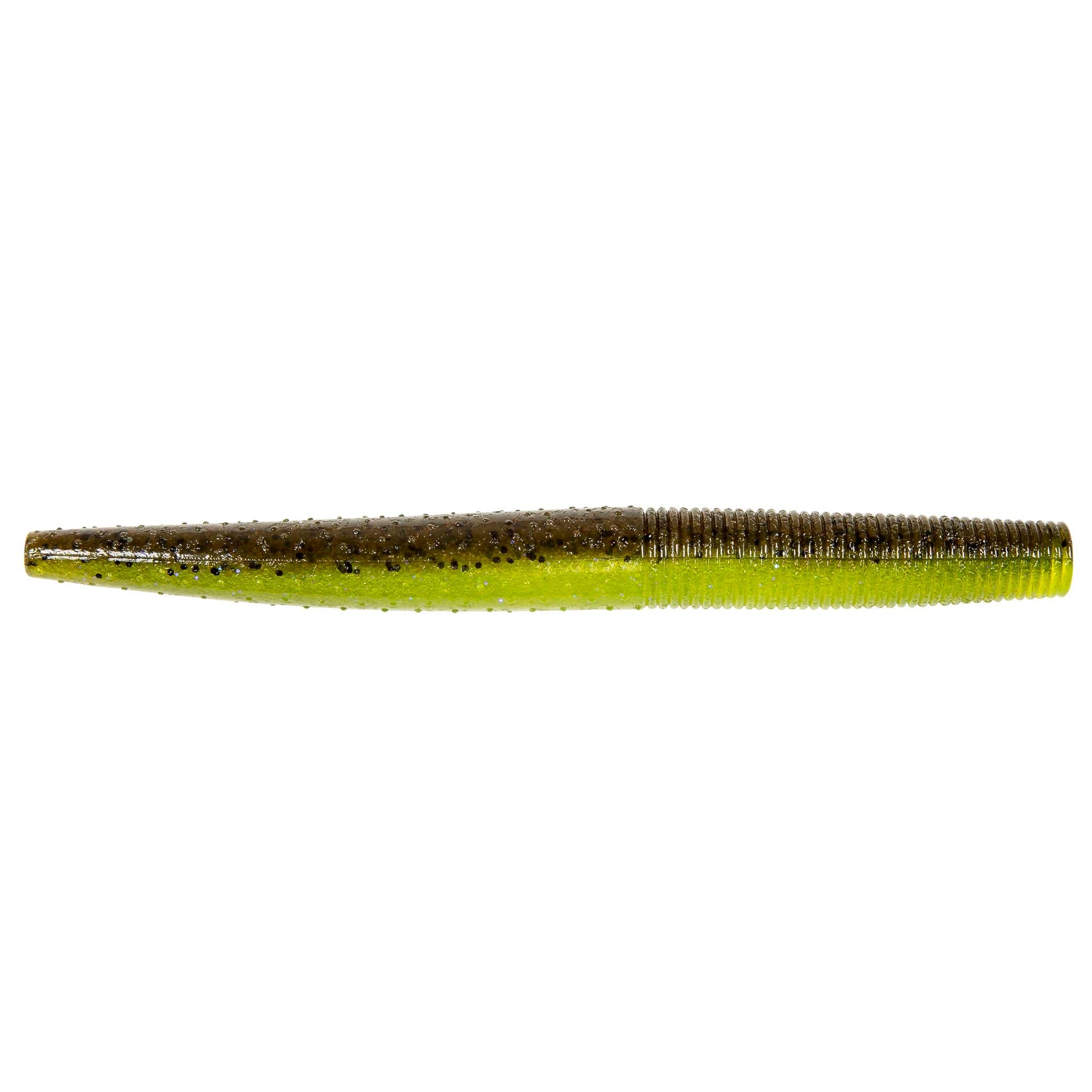 Soft fishing lure worm, olive green with darker speckles and ribbed body