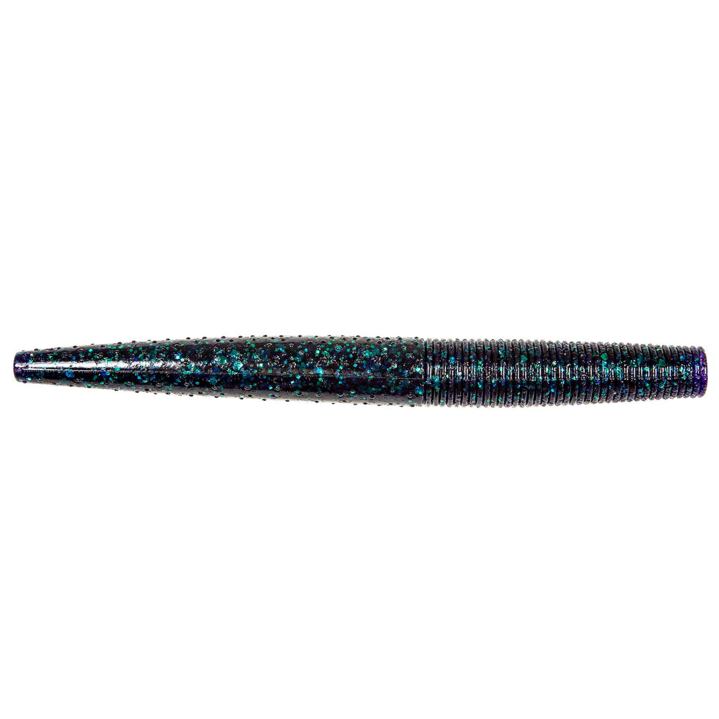 Blue-green speckled ribbed soft fishing lure worm with tapered tail