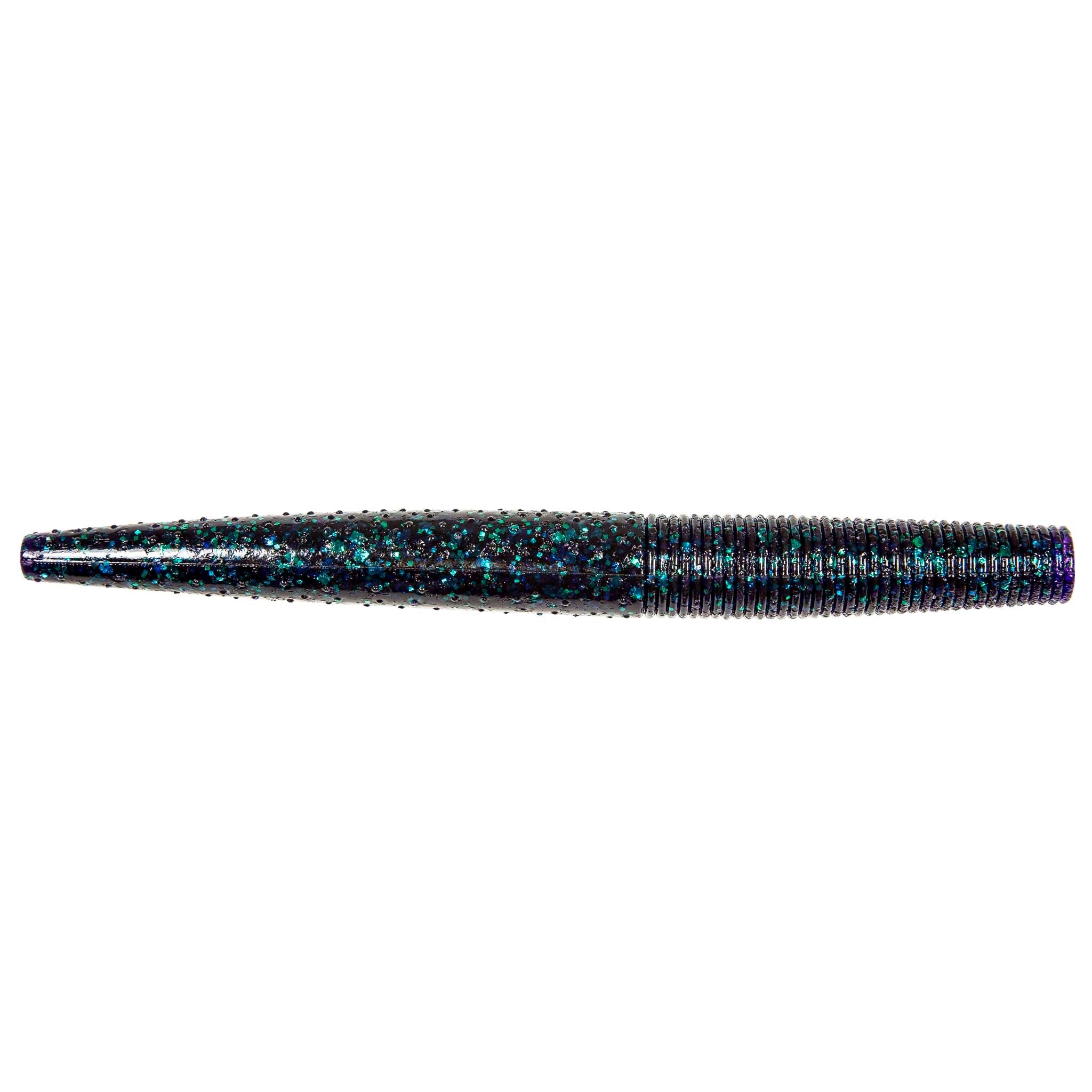 Blue-green speckled ribbed soft fishing lure worm with tapered tail