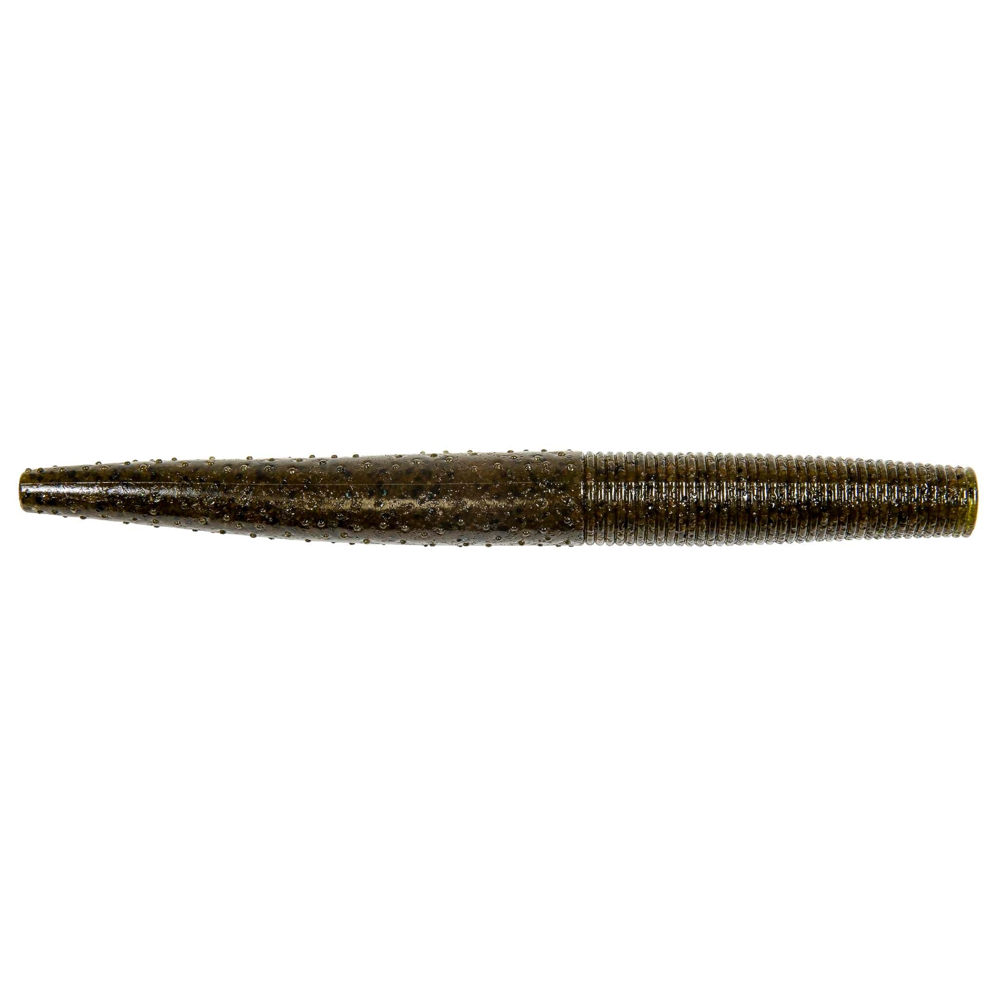 Olive-brown speckled ribbed soft fishing lure worm with tapered tail