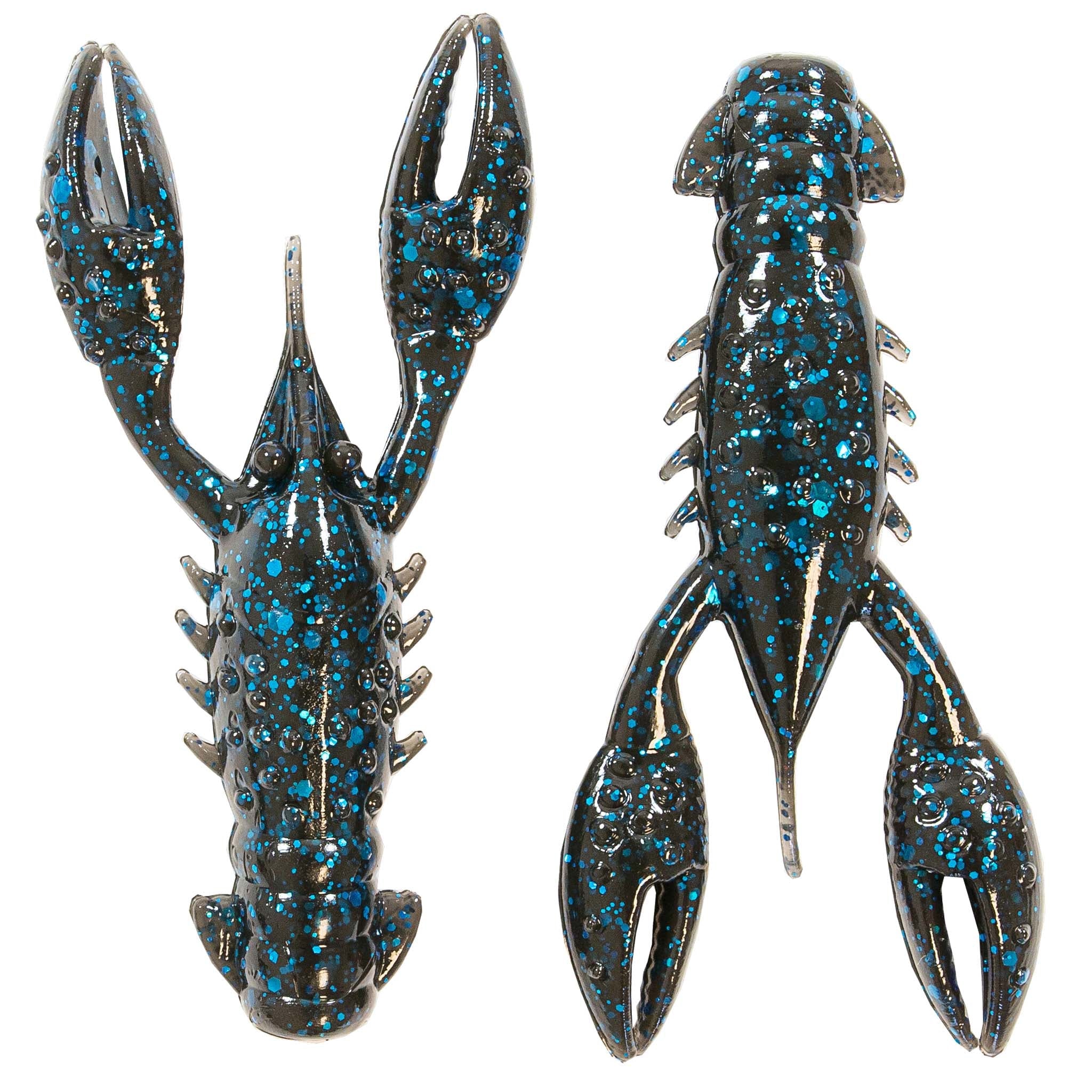 Soft plastic crawfish lure in deep blue with silver and blue glitter speckles