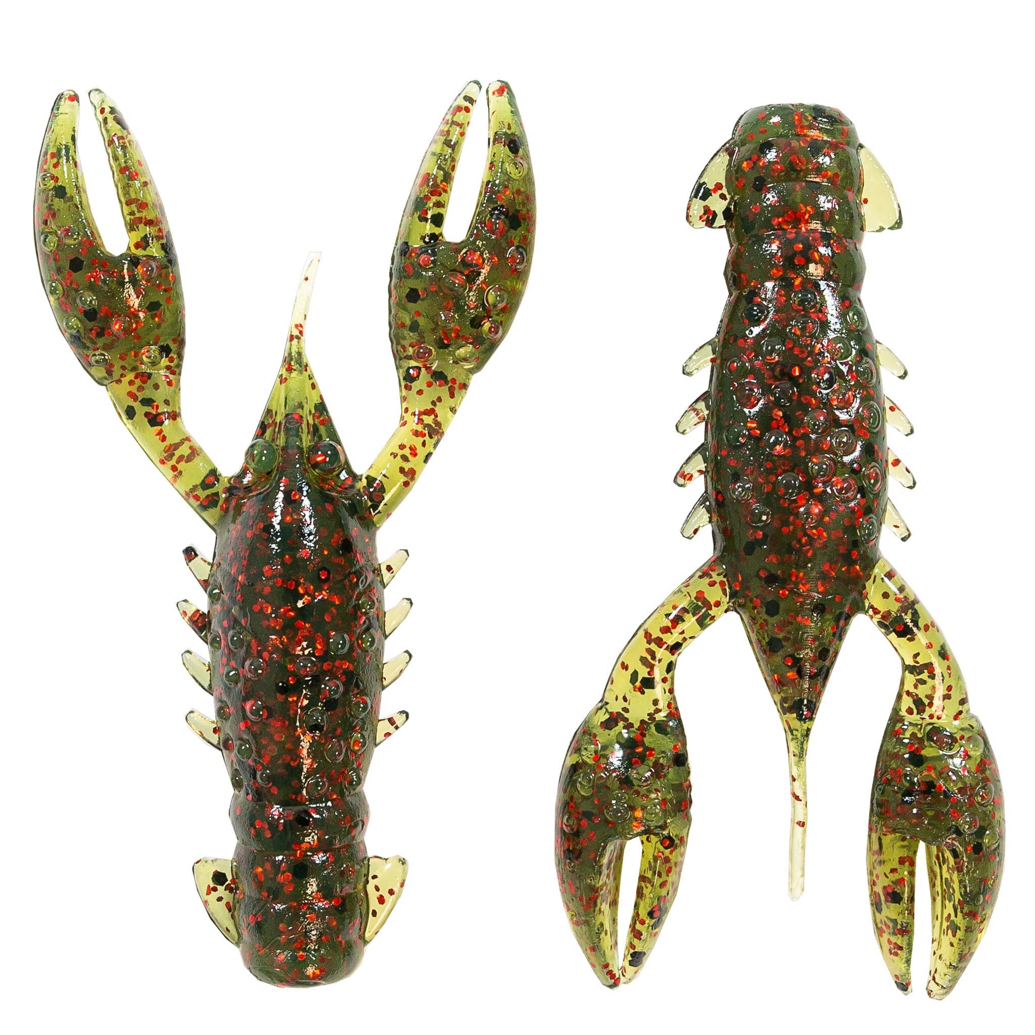 Soft plastic crawfish lure in red-brown with green and yellow speckles, spined claws