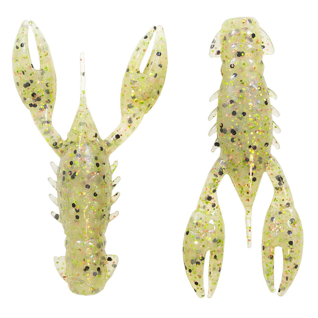 Soft plastic crawfish lure in pale chartreuse with multicolor glitter speckles