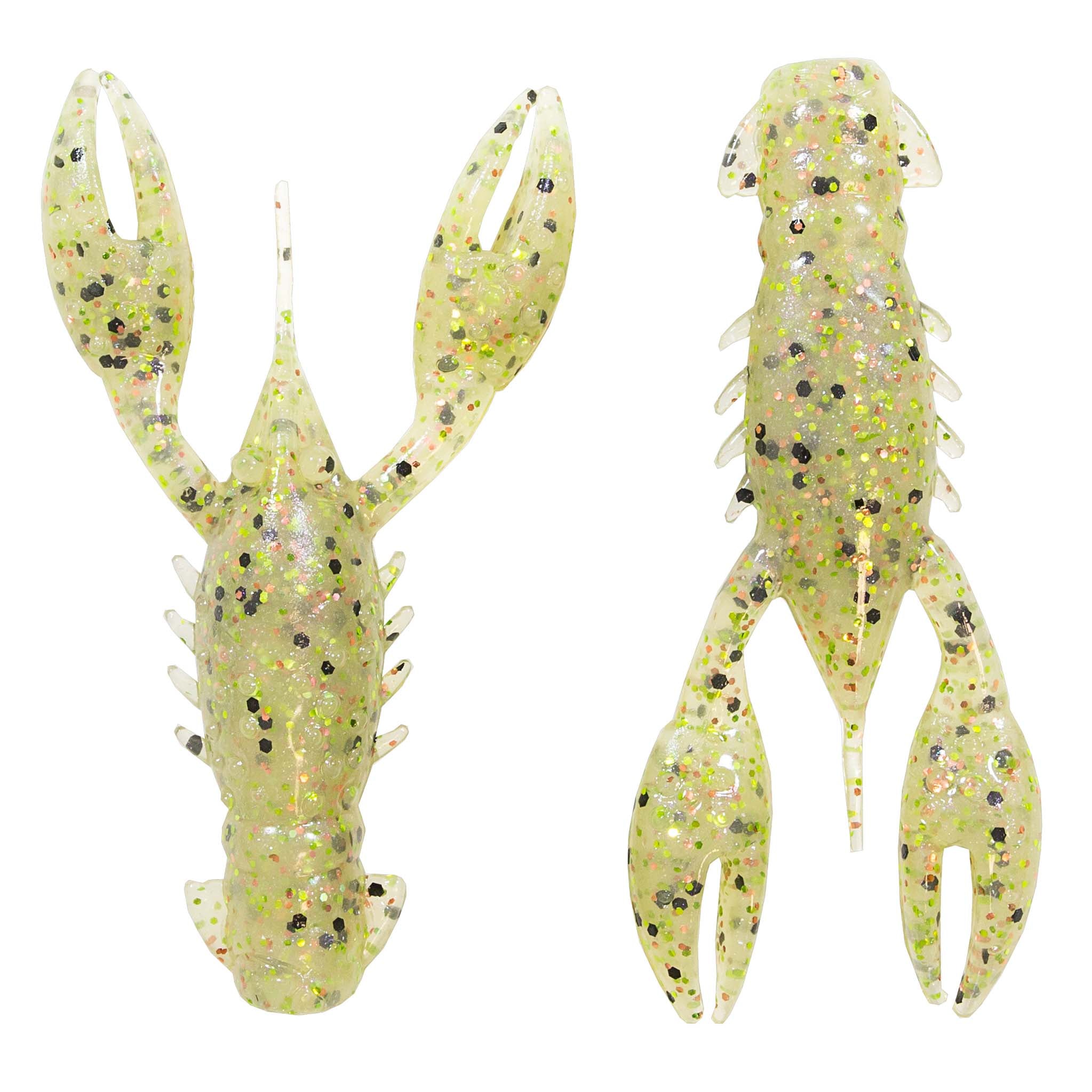 Soft plastic crawfish lure in pale chartreuse with multicolor glitter speckles