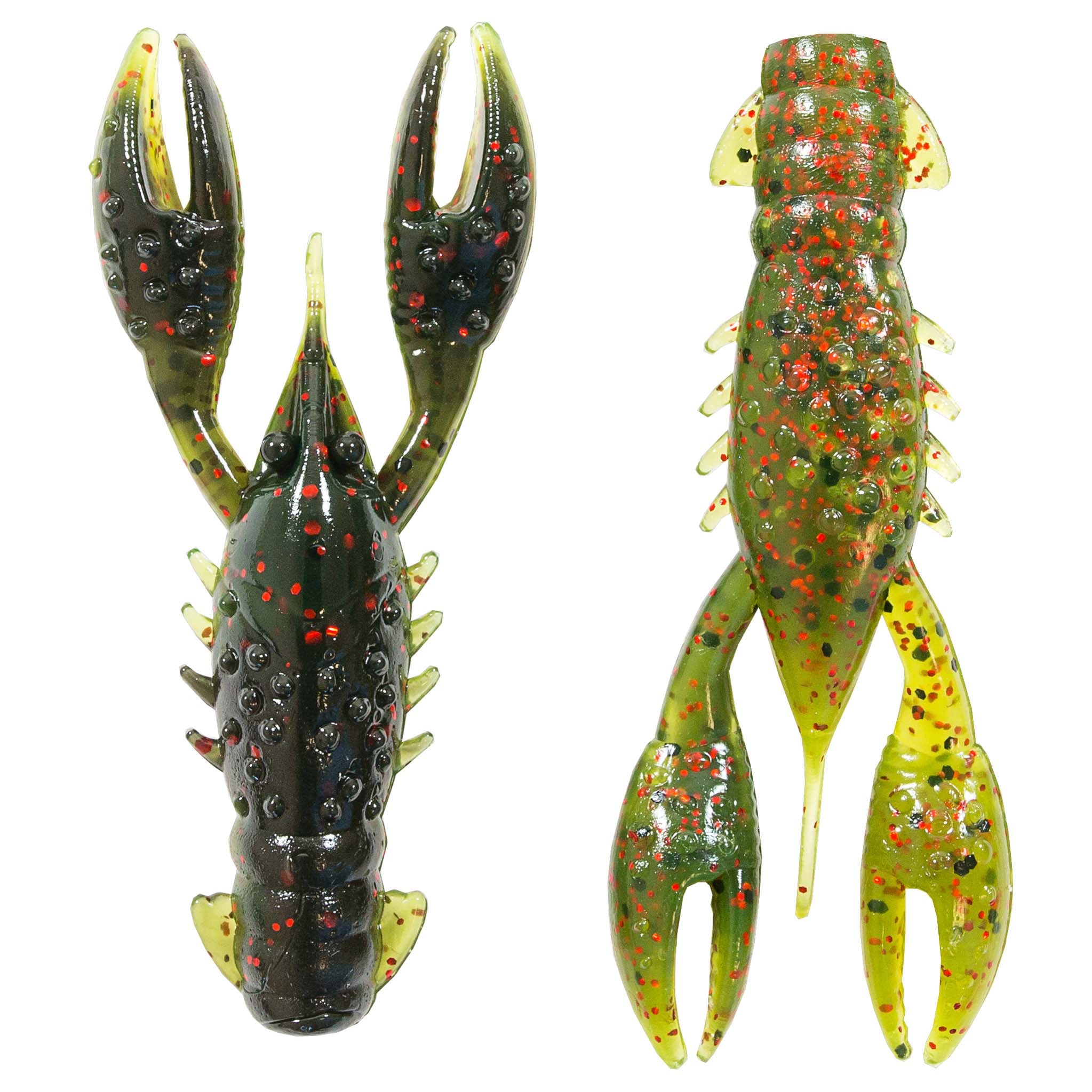 Soft plastic crawfish lure in dark gray-green with red and gold speckles, two-piece look