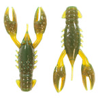 Soft plastic crawfish lure in olive green with clear yellow appendages and small speckles