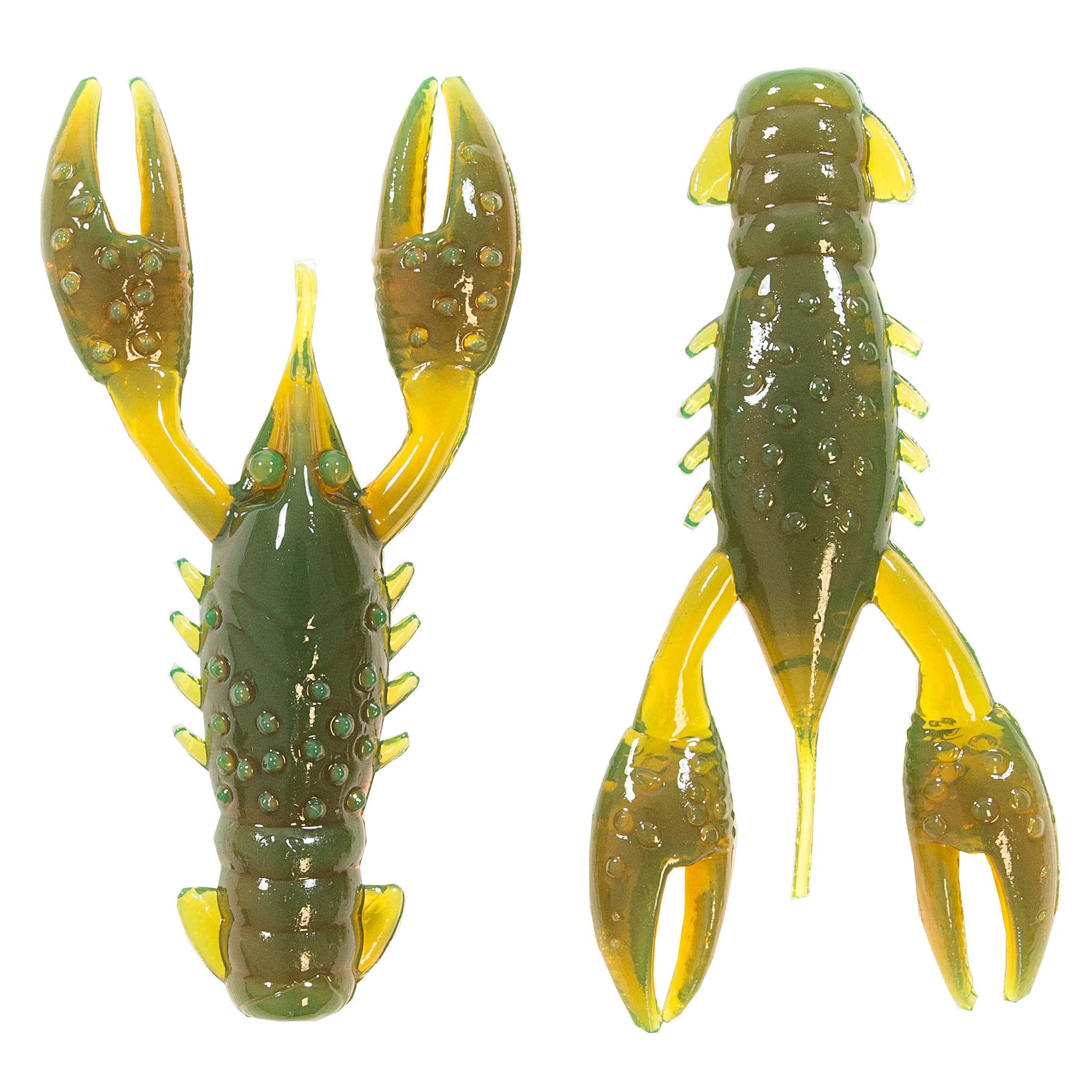 Soft plastic crawfish lure in olive green with clear yellow appendages and small speckles
