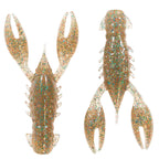 Soft plastic crawfish lure in translucent white with orange, blue, and yellow speckles