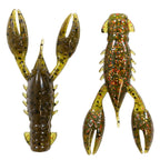 Soft plastic crawfish lure in dark olive green with red and gold speckles, pale legs