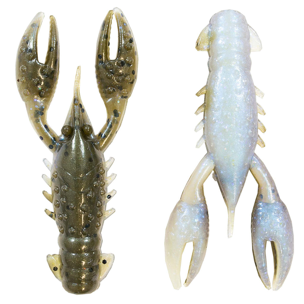 Soft plastic crawfish lure in olive green with small speckles, paired claws extended