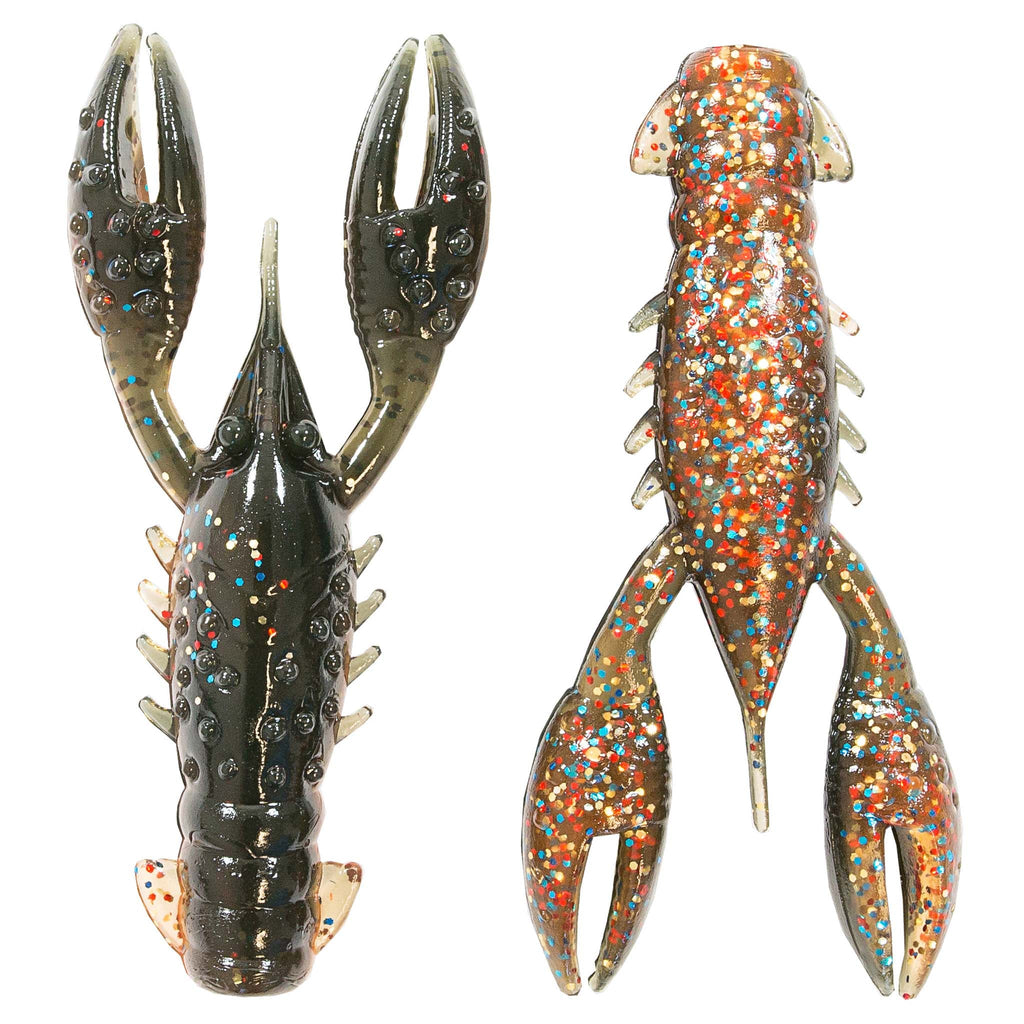 Soft plastic crawfish lure in dark black-gray with orange and white glitter speckles
