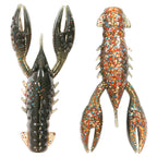 Soft plastic crawfish lure in dark black-gray with orange and white glitter speckles