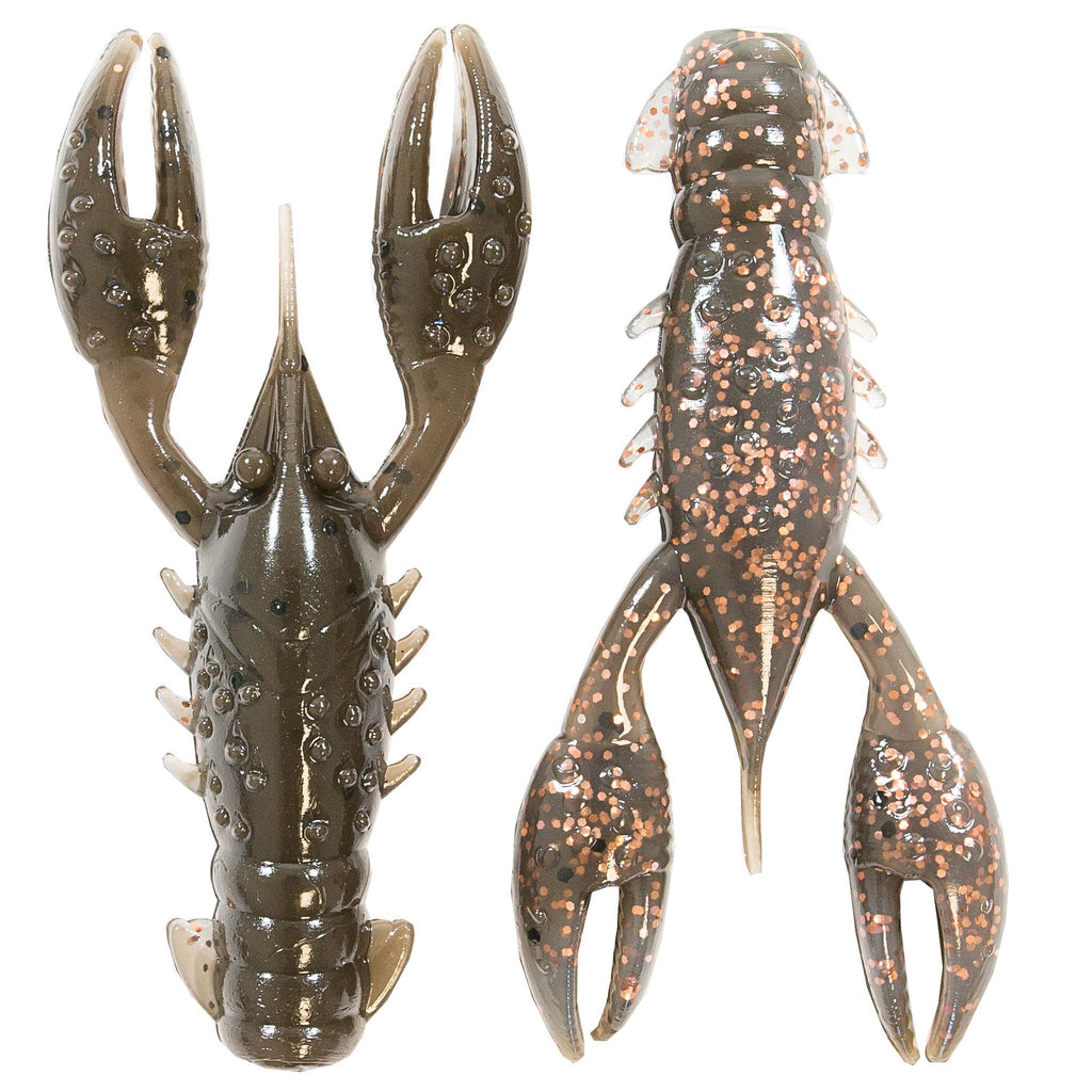 Dark olive-brown speckled plastic craw lure, forked claws and raised antennae