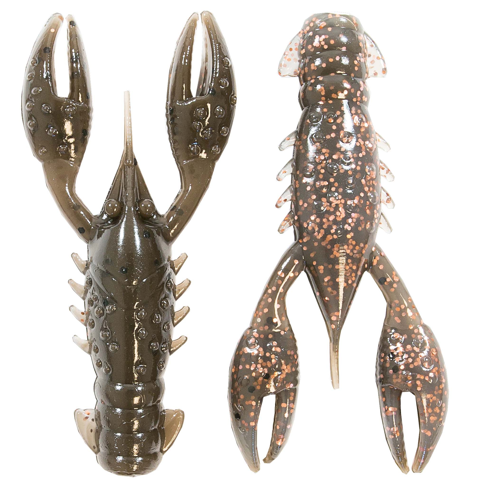 Dark olive-brown speckled plastic craw lure, forked claws and raised antennae