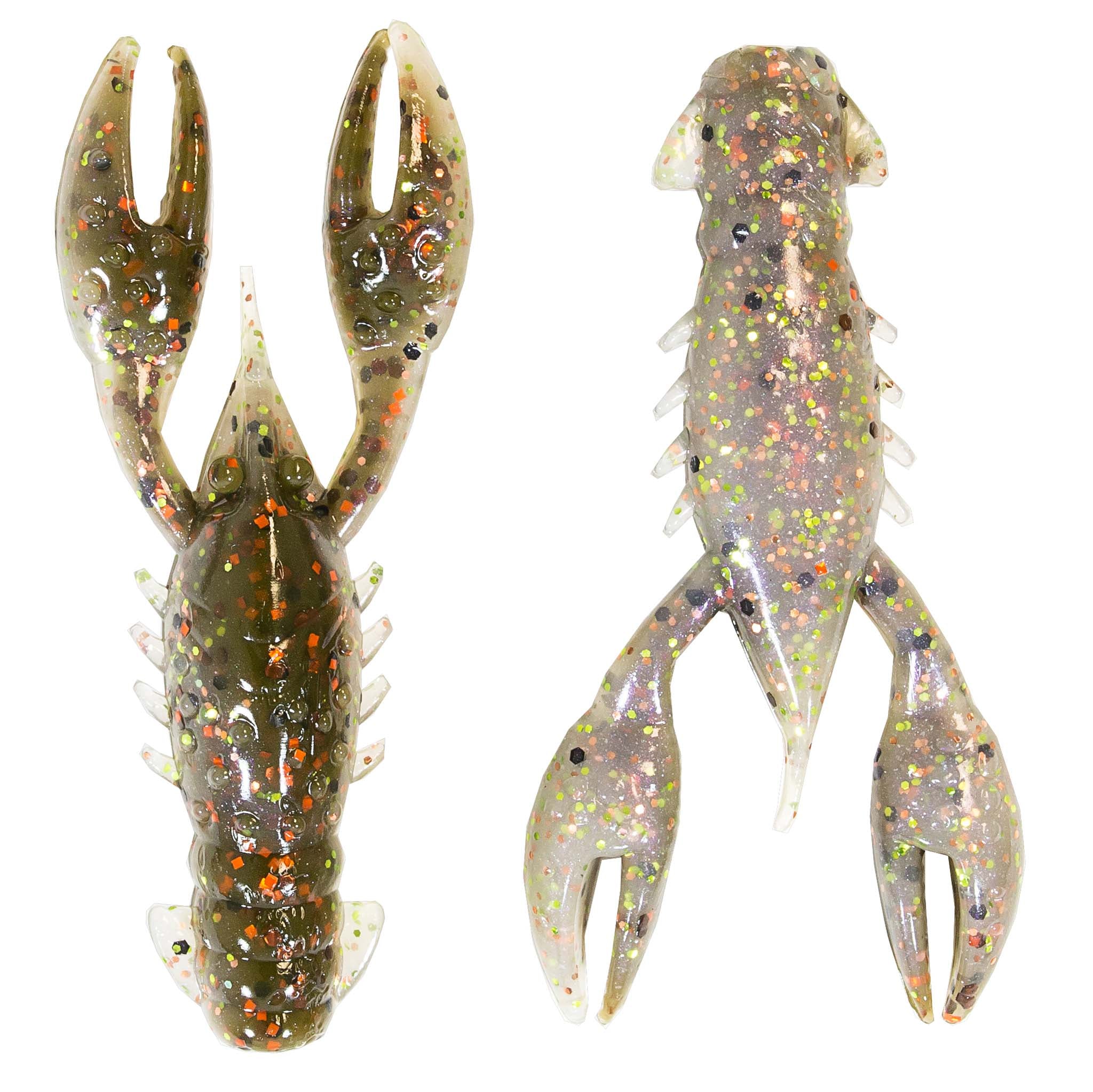 Soft plastic crawfish lure in dark green with orange and gold speckles, long claws