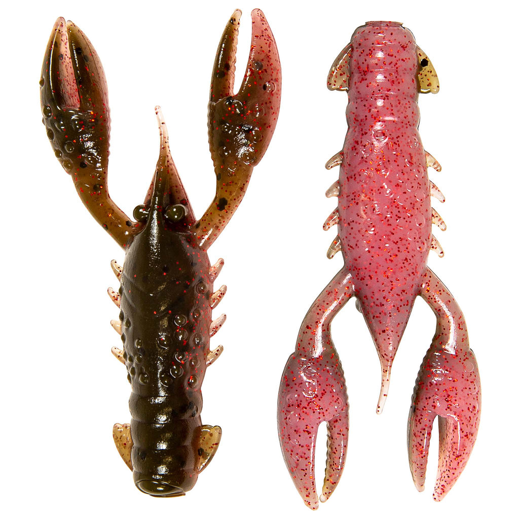 Two plastic craw lures: dark brown speckled left, red speckled right