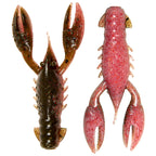 Two plastic craw lures: dark brown speckled left, red speckled right