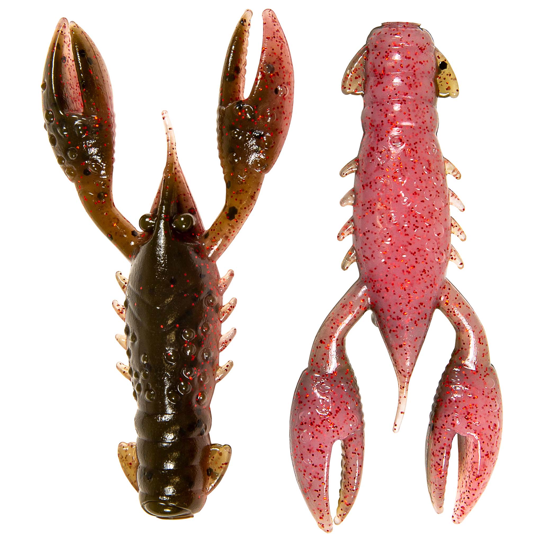 Two plastic craw lures: dark brown speckled left, red speckled right