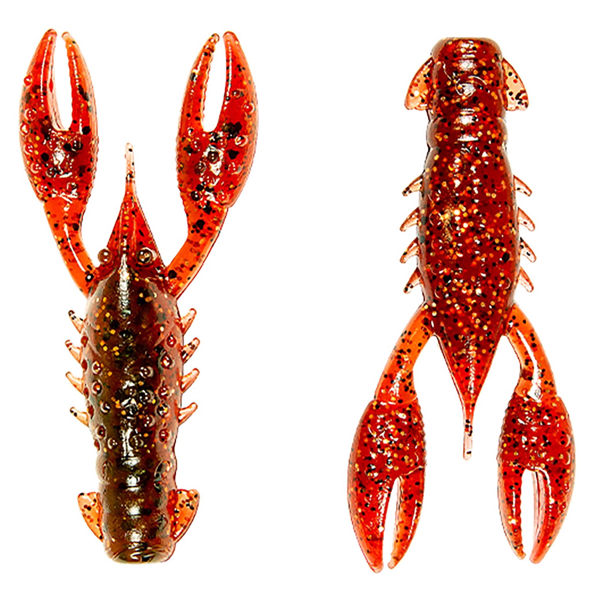 Two plastic craw lures with orange-red speckled bodies and forked claws