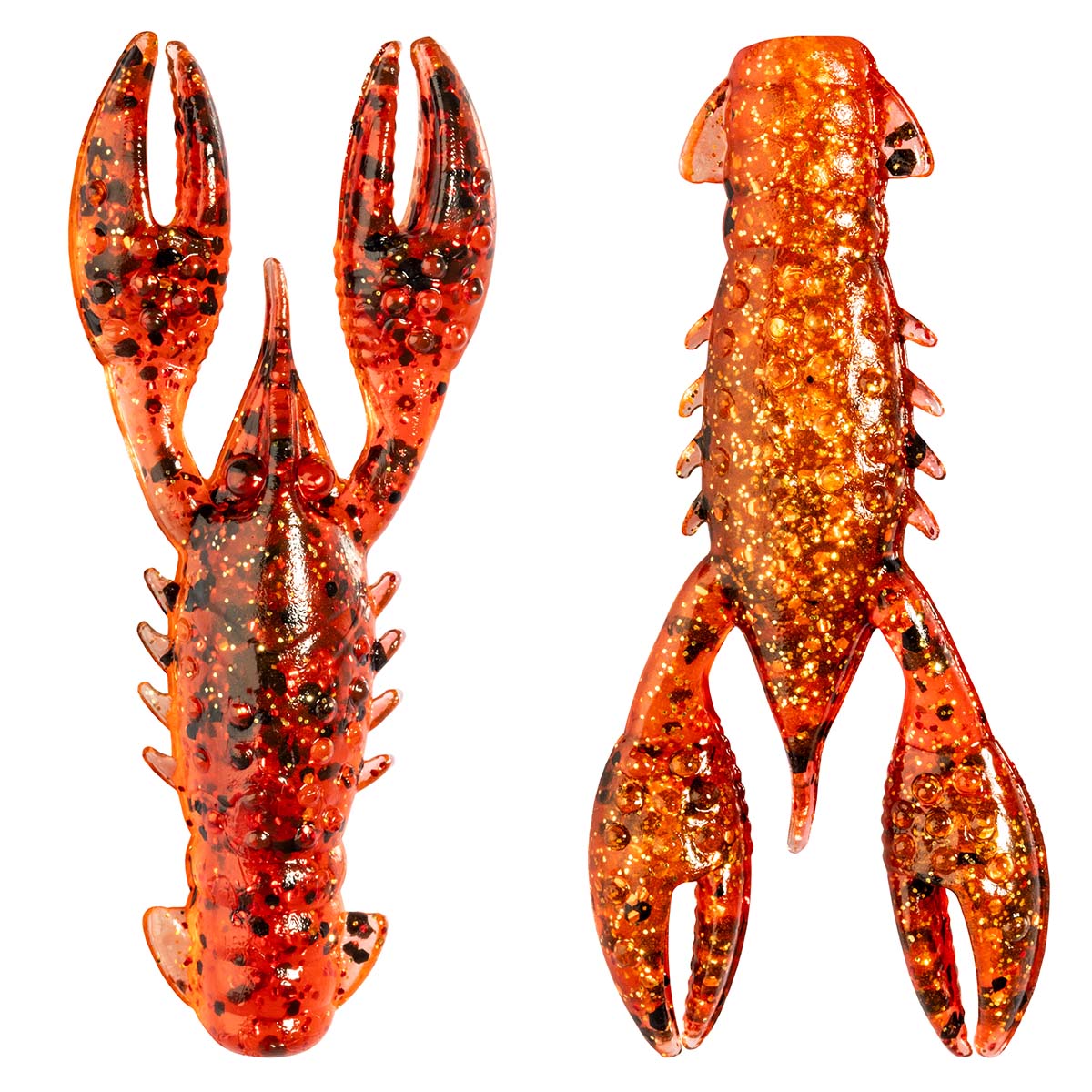 Two orange glitter plastic craw lures with spiky legs and forked claws