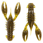 Two plastic craw lures in olive green with dark speckling and curled claws