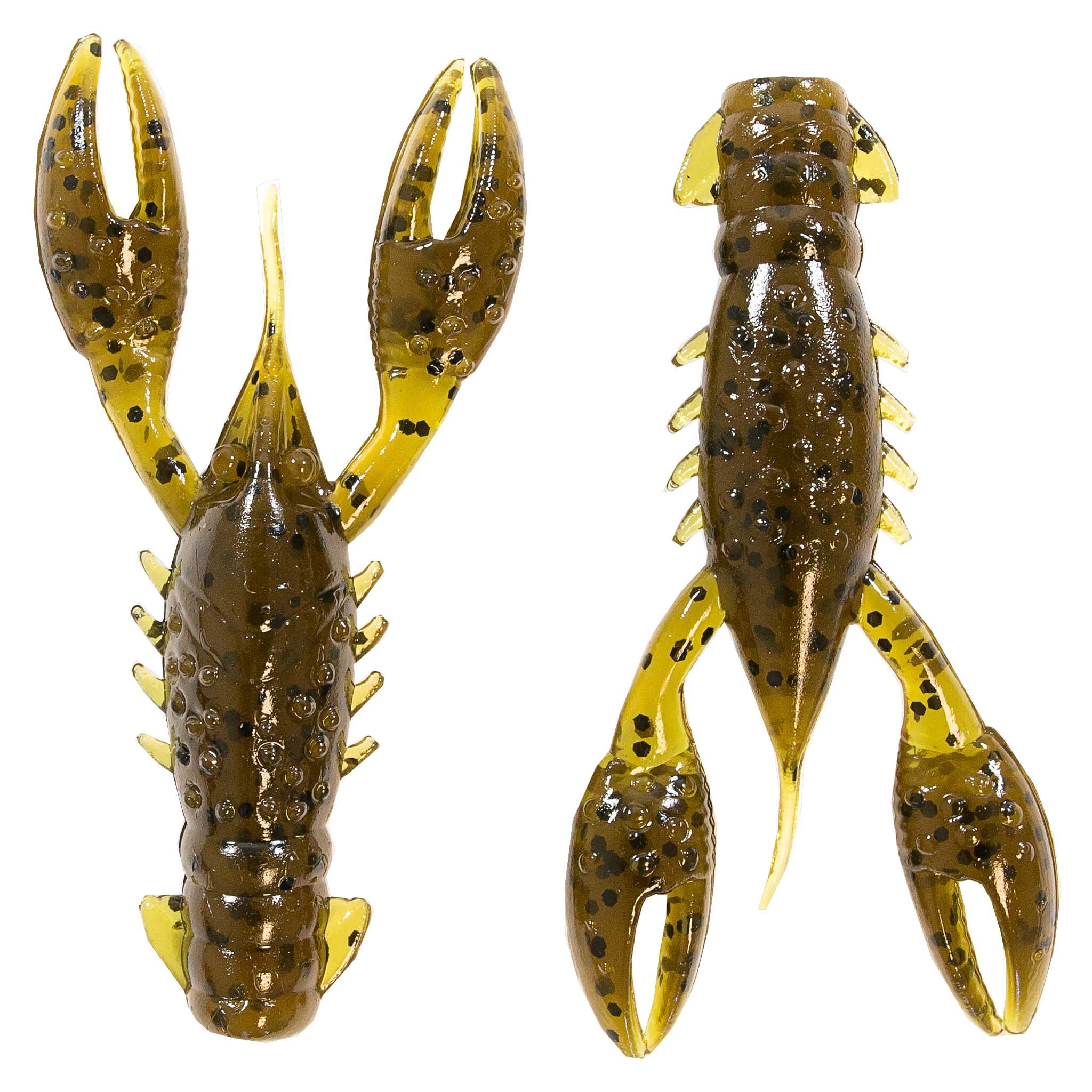 Two plastic craw lures in olive green with dark speckling and curled claws